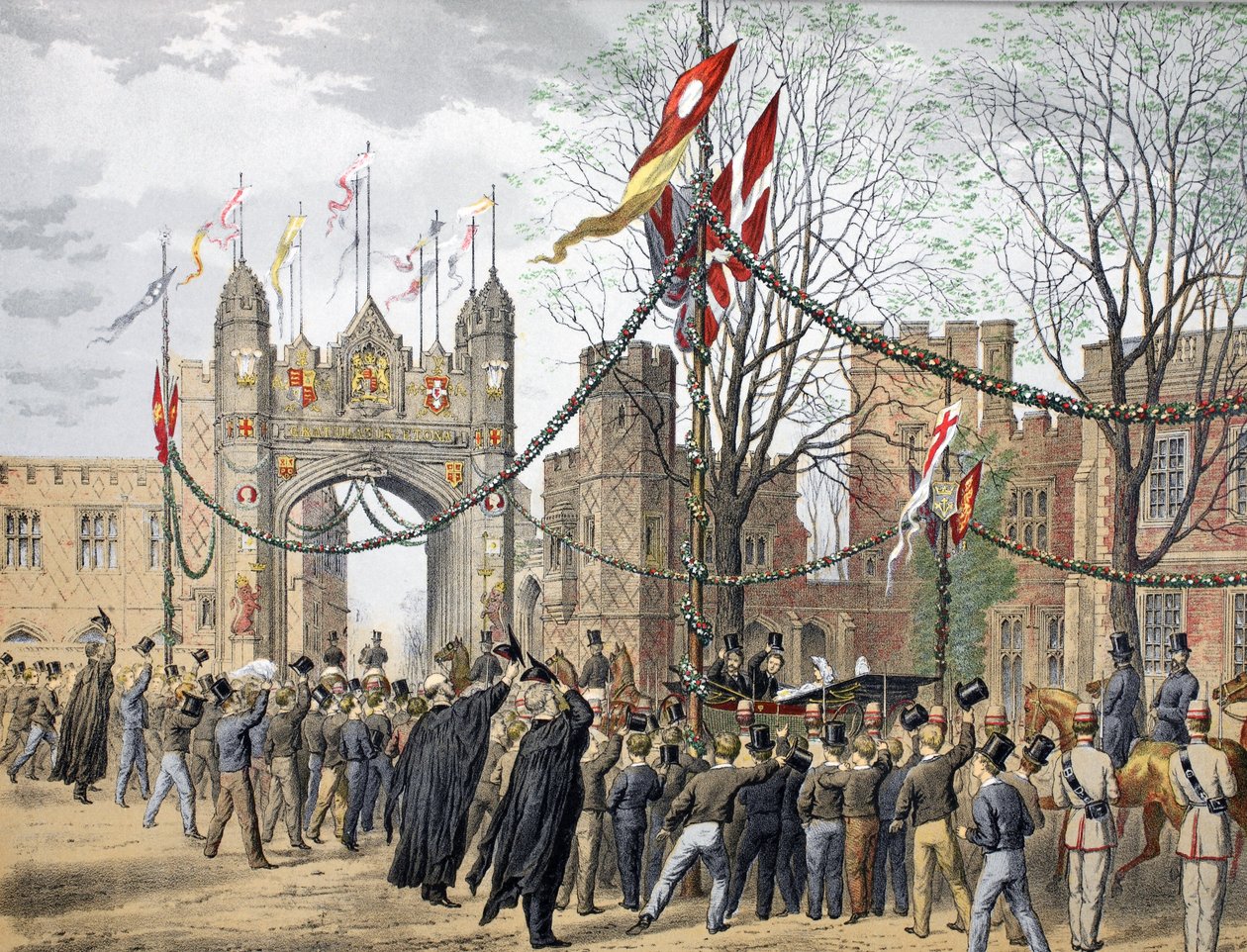 Escolas de Eton e Arco do Menino - Visita paga por sua Alteza Real a Princesa da Dinamarca, de "Um Memorial do Casamento de Eduardo VII e Alexandra da Dinamarca", pub. 1864 (cromolito) de Robert Charles Dudley