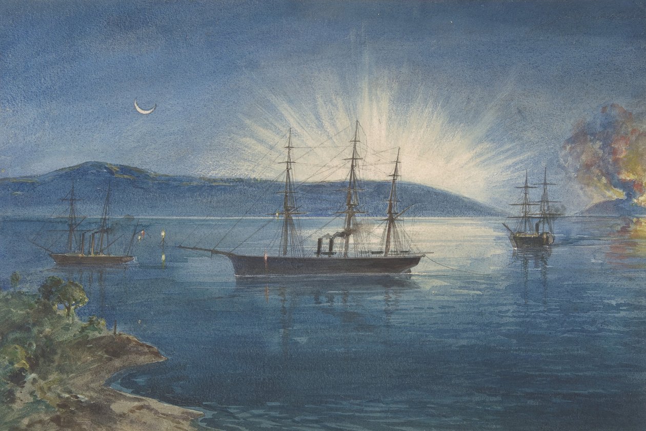 The Bay of Bull Arms, Trinity Bay, Terra Nova, fogueiras acesas nas colinas para notificar..., 1865-66 de Robert Charles Dudley