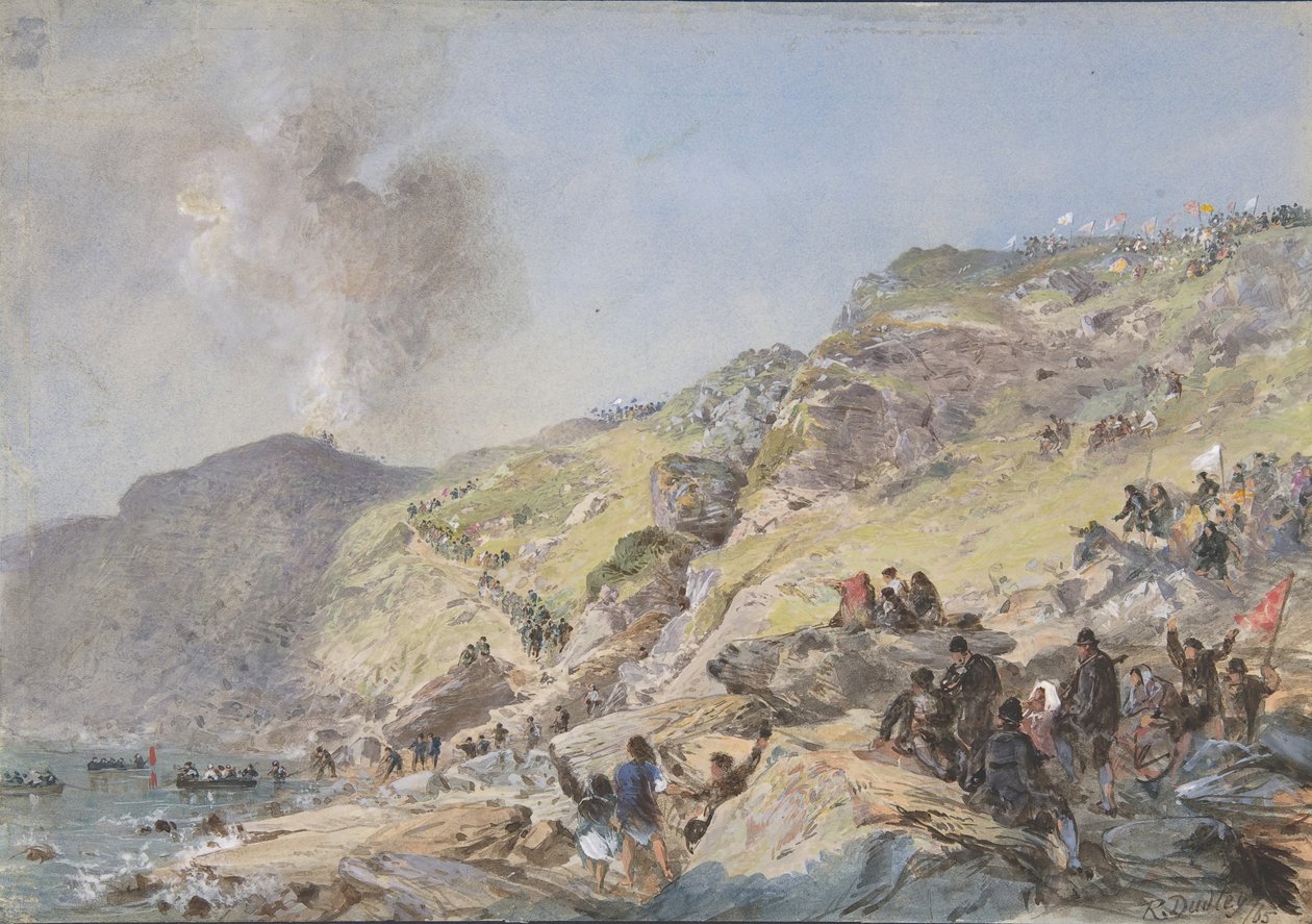 The Cliffs, Foilhummerum Bay, Valentia, o ponto em que a extremidade da costa do cabo..., 1865, 1865 de Robert Charles Dudley