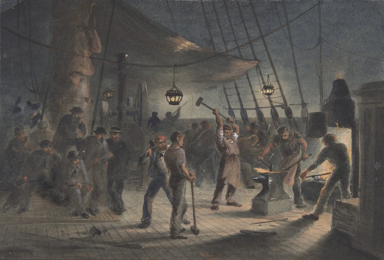 A forja no convés, noite de 9 de agosto: preparando o revestimento de ferro para cabrestante, 1865-66. de Robert Charles Dudley