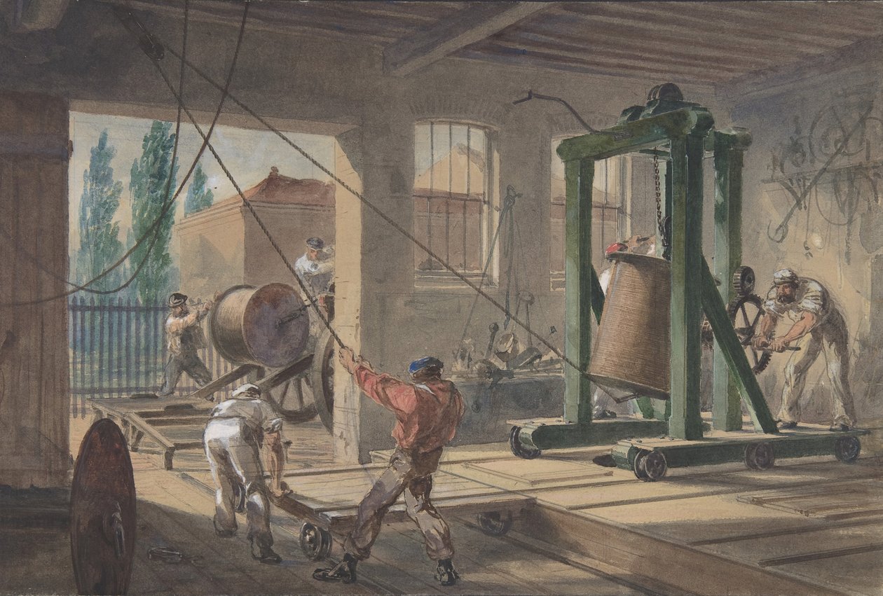 Os carretéis de fio condutor coberto de guta-percha transportados para tanques nas obras..., 1865-66. de Robert Charles Dudley