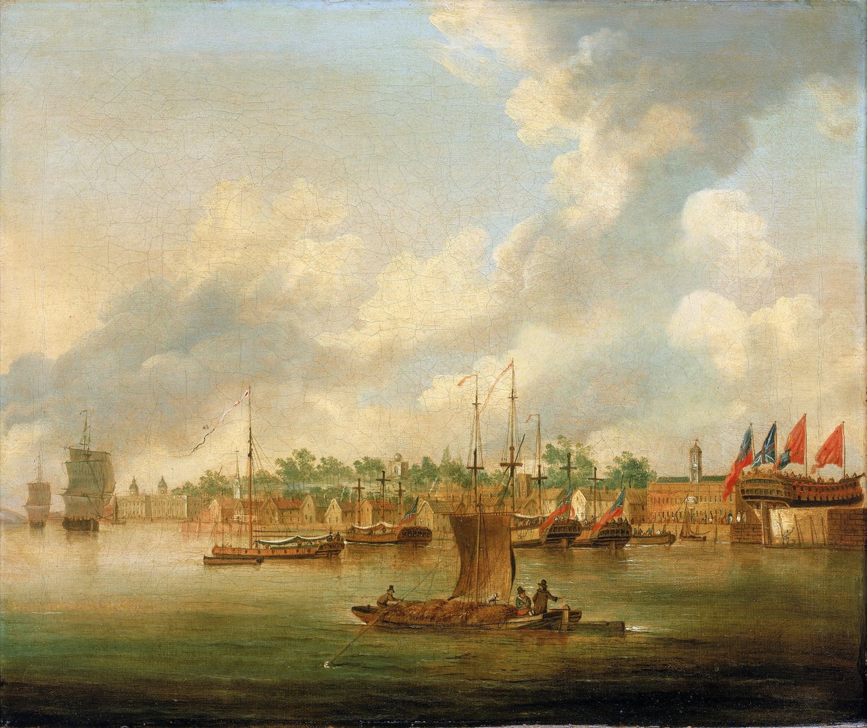 Navegação em Deptford, no Tamisa (Inglaterra), em frente ao Royal Quay, com uma grande concentração de estaleiros navais privados de Robert Cleveley
