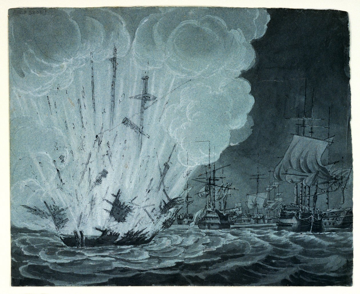Navio, a explodir, na batalha do Nilo (desenho a caneta, lavagem a cinzento) de Robert Cleveley