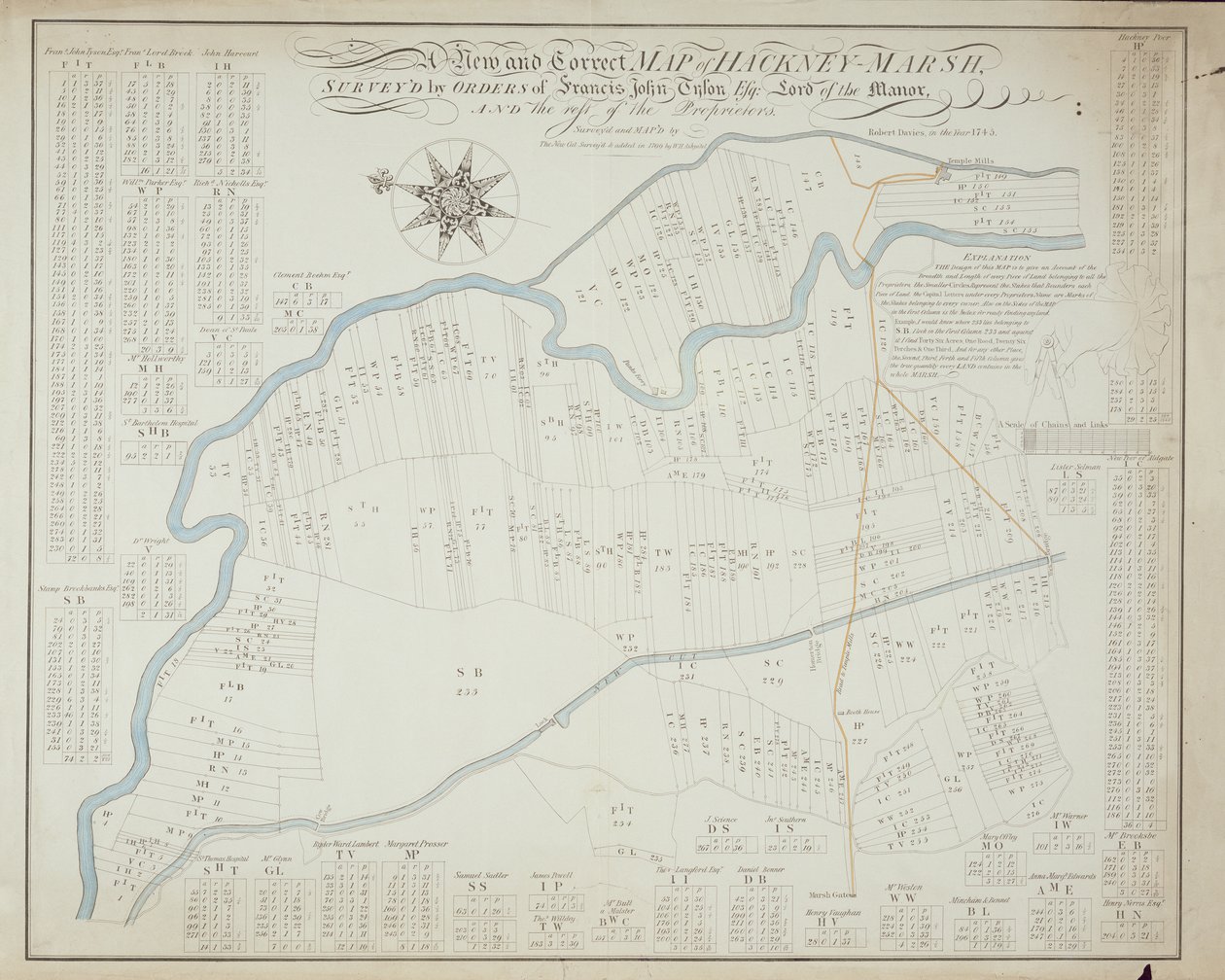 Um novo e correto mapa de Hackney Marsh, 1745 de Robert Davies