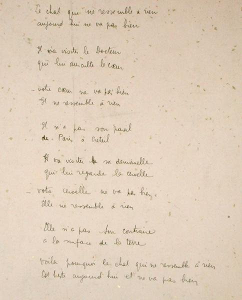 O gato que é como nada na terra, página manuscrita da coleção de poemas "La Menagerie de Tristan", de Robert Desnos. de Robert Desnos
