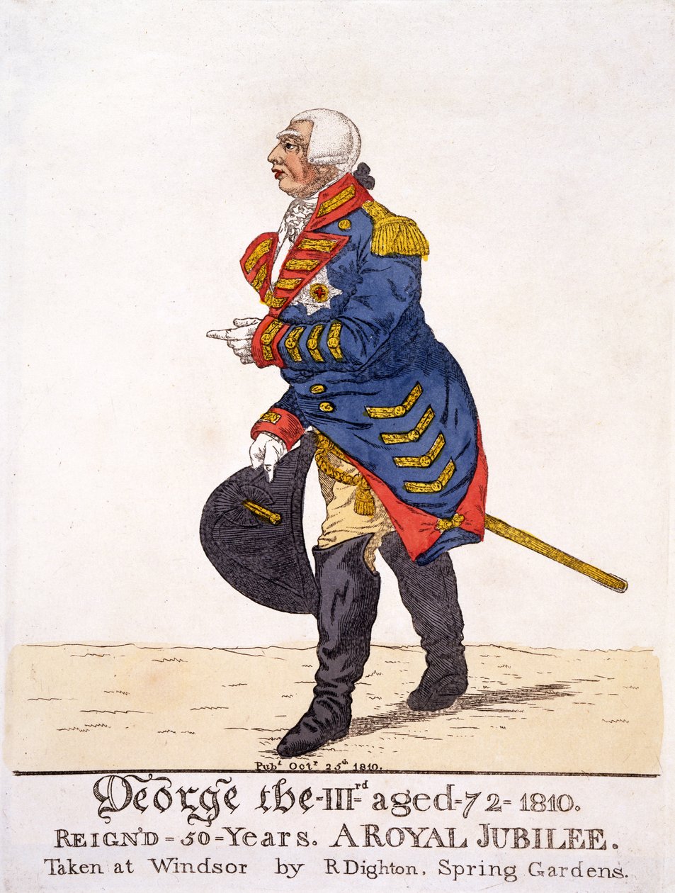 George III da Grã-Bretanha em 1810 em seu Jubileu de cinquenta anos, impresso por R Dighton depois de seu próprio desenho feito em Windsor, pub. 25 de outubro de 1810 (litografia a cores) de Robert Dighton