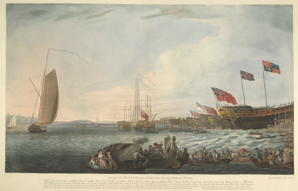 Uma Vista de Blackwall, com parte do Estaleiro, no lançamento do Castelo de Bombaim, 74 canhões, construídos a expensas do Exmo. Companhia das Índias Orientais e apresentado por eles a Sua Majestade em junho de 1782 de Robert Dodd