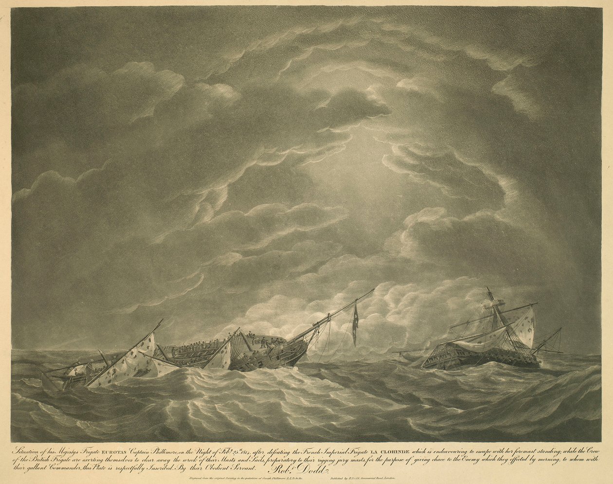 Situação da Fragata EUROTAS de Sua Majestade, Capitão Phillimore, na noite de 25 de fevereiro de 1814, depois de derrotar a Fragata Imperial Francesa LA CLORINDE que tenta escapar com o seu mastro de proa de pé; enquanto a tripulação da Fragata Britânica e de Robert Dodd
