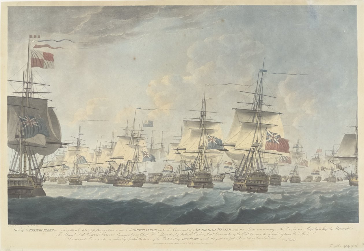 Slag bij Kamperduin (1797): aanval door de Britse vloot
Vista da Frota Britânica ao meio-dia de 11 de Outubro de 1797, Bearing down to attack the Dutch Fleet (...) (título sobre o objecto) de Robert Dodd