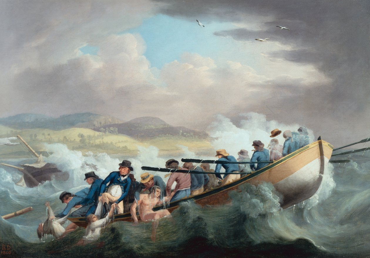 Sobreviventes de um naufrágio ao largo da Ilha de Wight a serem resgatados pela tripulação do H.M.S. Juno de Robert Dodd