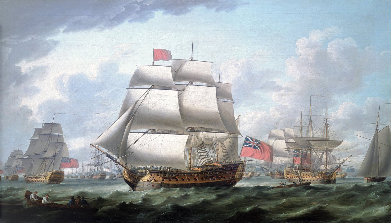 O "Victory" a sair de Spithead (Inglaterra), com o pavilhão vermelho e o pavilhão do Vice-Almirante dos Pumas, à sua direita, um triciclo identificado como "Queen Charlotte de Robert Dodd