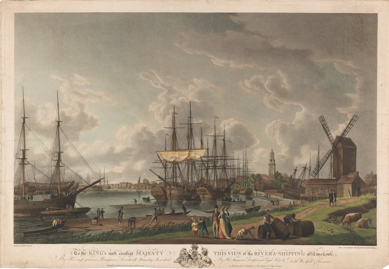 Para a mais excelente Majestade do Rei, esta vista do rio e da navegação em Limehouse de Robert Dodd