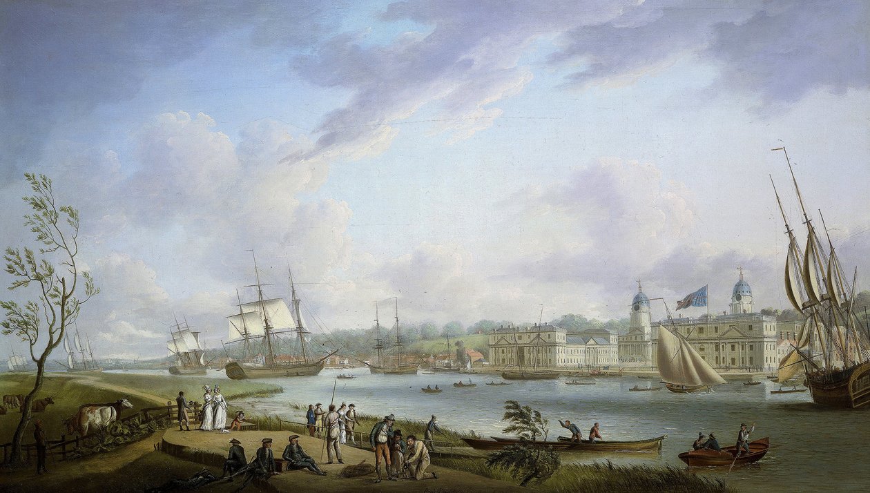 Vista de Greenwich, descrição do Tamisa e das actividades nas suas margens, bem como da navegação fluvial, sujeita à importância das marés. Óleo sobre tela de Robert Dodd