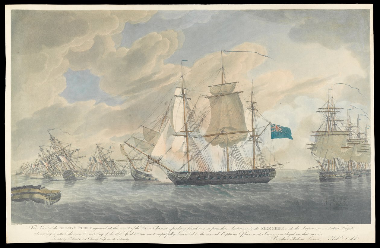 Vista da frota do inimigo encalhada na foz do rio Charent, início do século XIX (água-tinta, gravura colorida à mão) de Robert Dodd