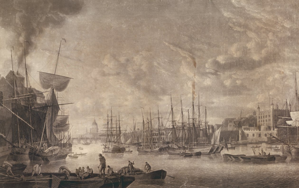 Vista para a Ponte de Londres de um barco atracado perto da Torre de Londres, 1793 (aquatint) de Robert Dodd