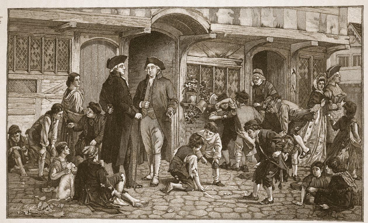 A origem das Escolas Dominicais: Hare Lane, Gloucester, 1780, ilustração de "A Igreja da Inglaterra: Uma História para o Povo" de HDM Spence-Jones, pub. c.1910 (foto sépia) de Robert Dowling