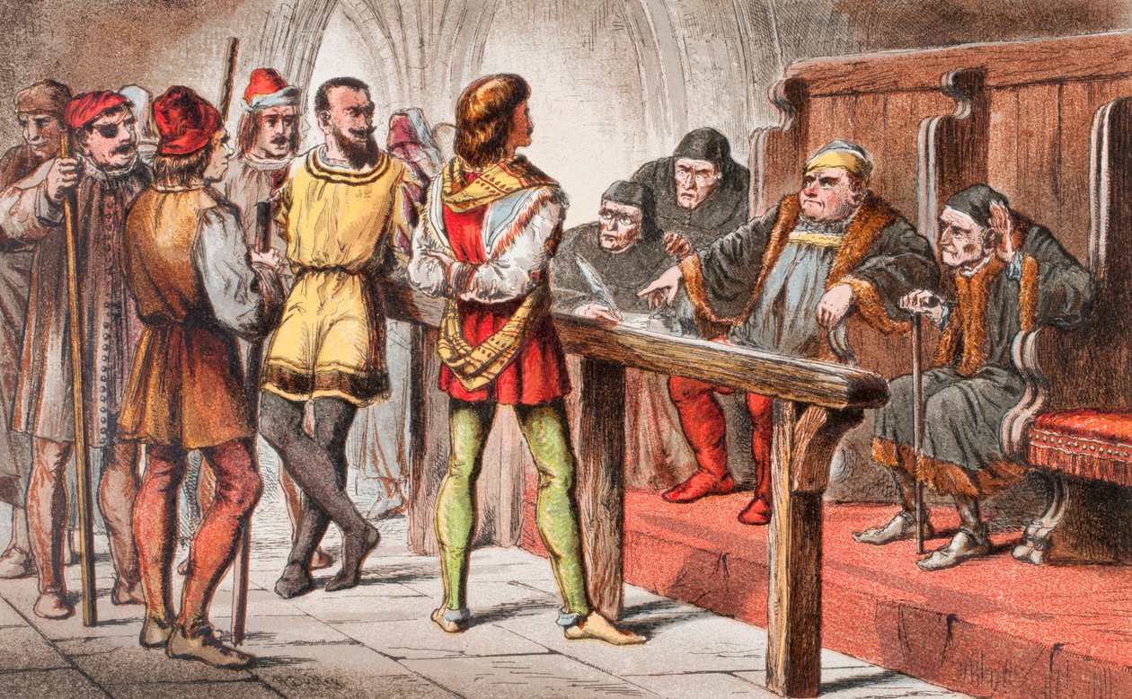 Dogberry fala em Much Ado About Nothing, Ato IV, Cena II: "Escreva que eles esperam servir a Deus; e escreva Deus primeiro: pois Deus defende mas Deus deve ir antes de tais vilões", de "The Illustrated Library Shakespeare", publicado em Londres em 1890 (co de Robert Dudley