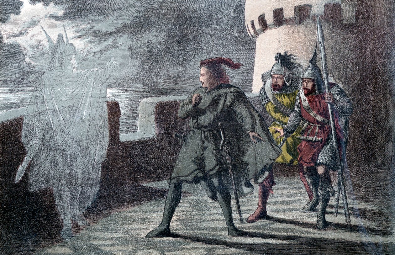 Hamlet vendo o pai fantasma nas ameias do castelo Elsinore de Robert Dudley