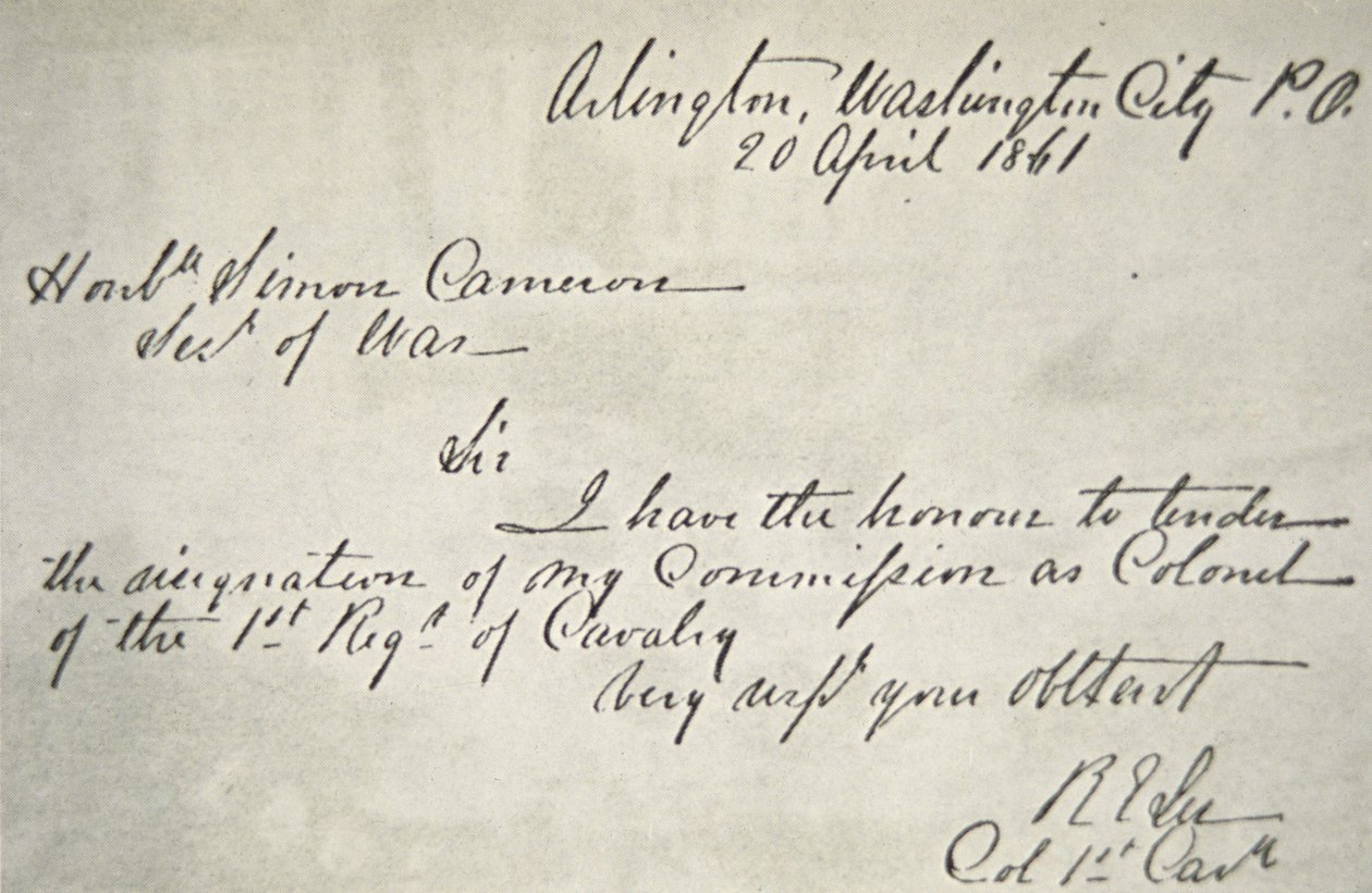 Carta de renúncia de Robert E. Lee do Exército Federal, 20 de Abril de Robert E. Lee