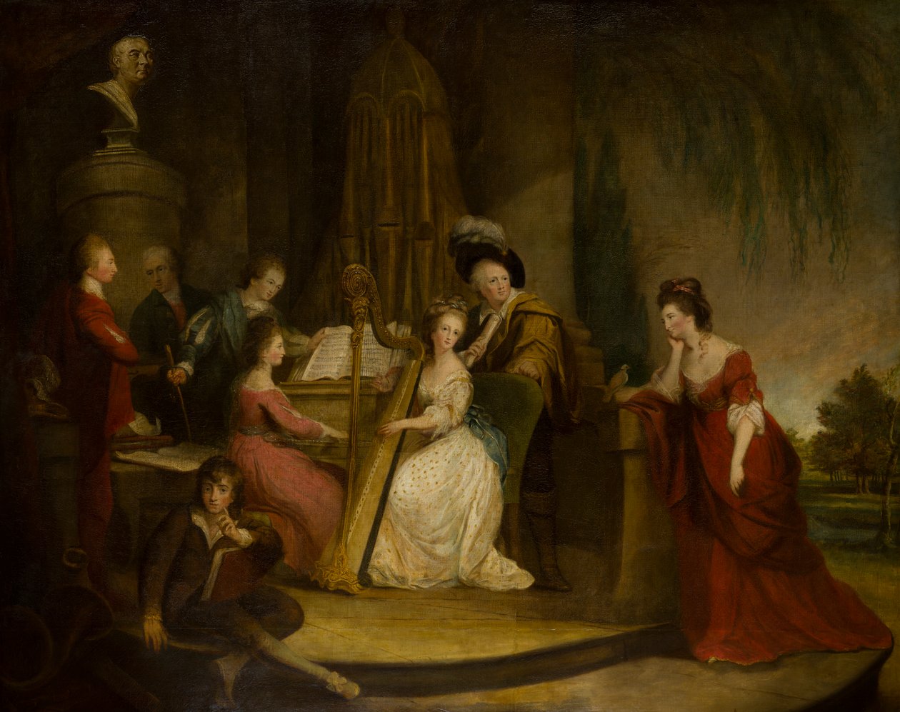 Sir Henry Bridgeman e a sua família a fazer música abaixo de um busto de Handel, c.1762-90 (óleo sobre tela) de Robert Edge Pine