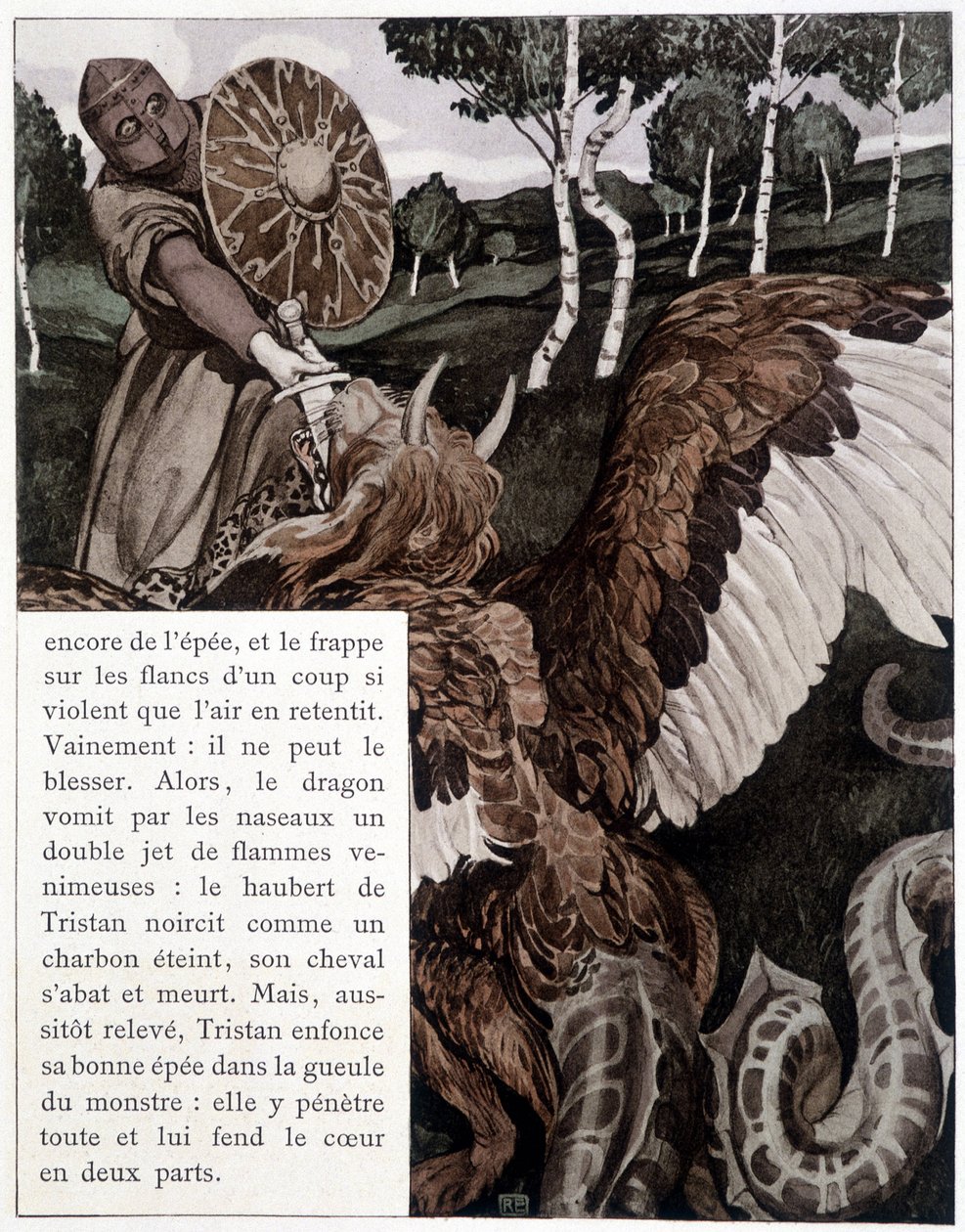 Tristão lutando com um dragão - em "The Roman by Tristan and Iseult" de J. Bédier, ilustrado por Robert Engels, Art Edition, Paris de Robert Engels