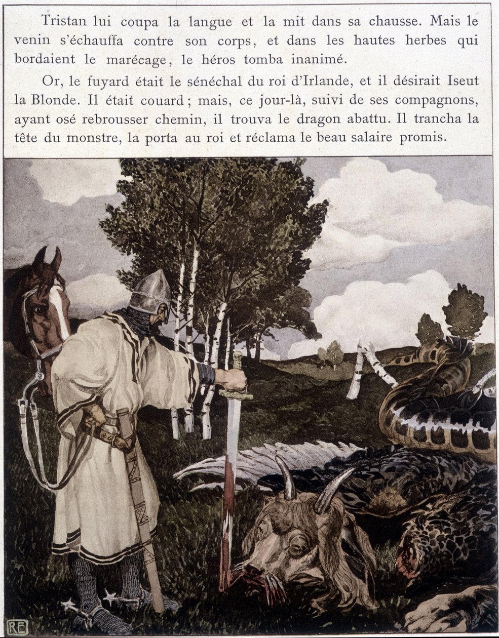 Tristão perto do dragão morto - em "Le Roman de Tristan et Iseult" de Bédier ill. de Robert Engels, ed. de Art, Paris de Robert Engels