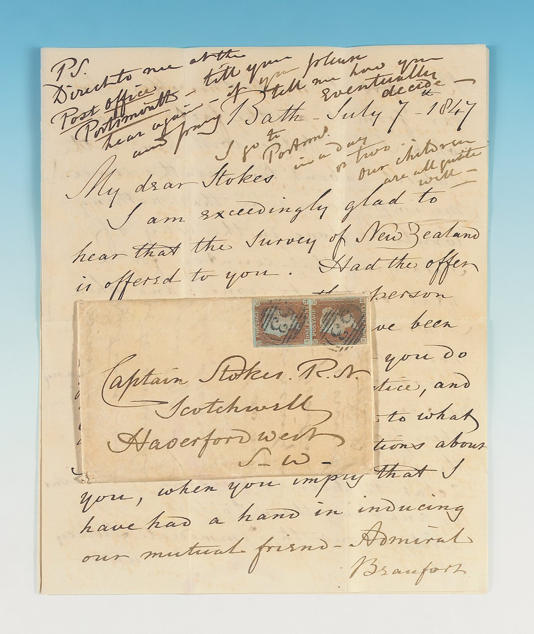 Carta de autógrafos assinada para John Lort Stokes, Bath, 7 de julho de 1847 de Robert Fitzroy