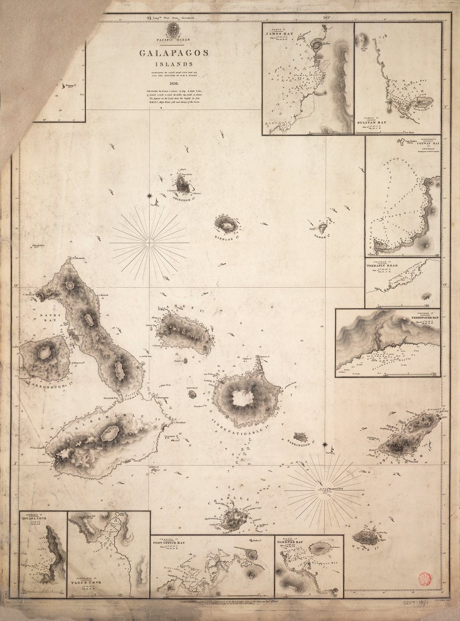 Carta das ilhas Galápagos, analisada durante a viagem do HMS "Beagle de Robert Fitzroy