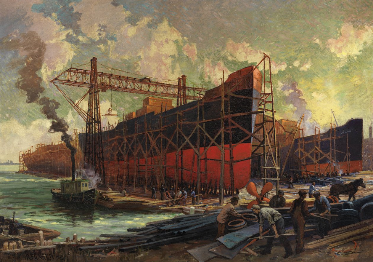 Construção naval na baía de Ashbridges, Toronto, 1918 de Robert Ford Gagen