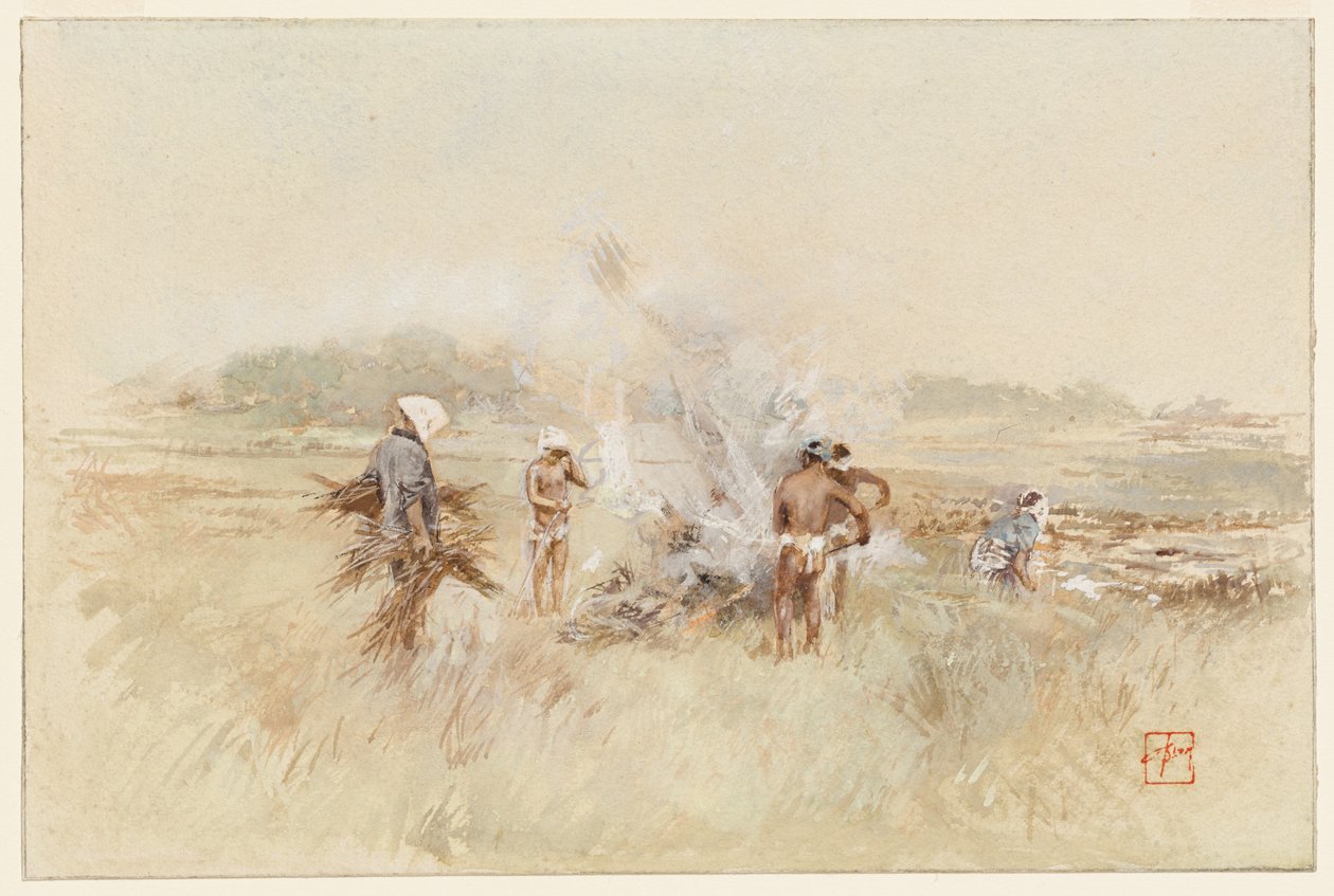 A trabalhar, amontoando mato sobre fogos fumegantes de Robert Frederick Blum