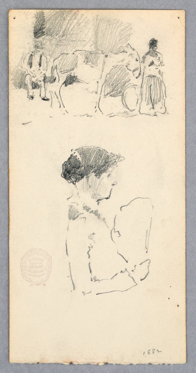 Desenho, Cena com burro e duas figuras; mulher segurando um leque, 1882 de Robert Frederick Blum
