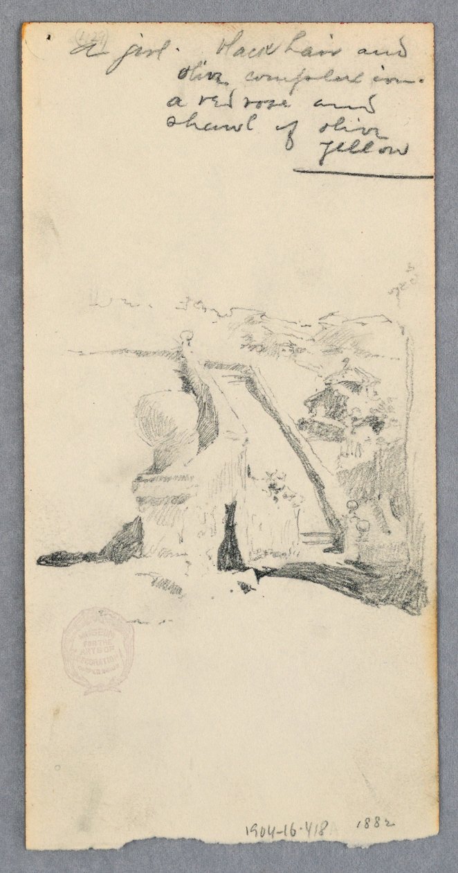 Desenho, Vista de um local elevado com vista para a cidade (frente); Mulher segurando um frasco (verso), 1882 de Robert Frederick Blum