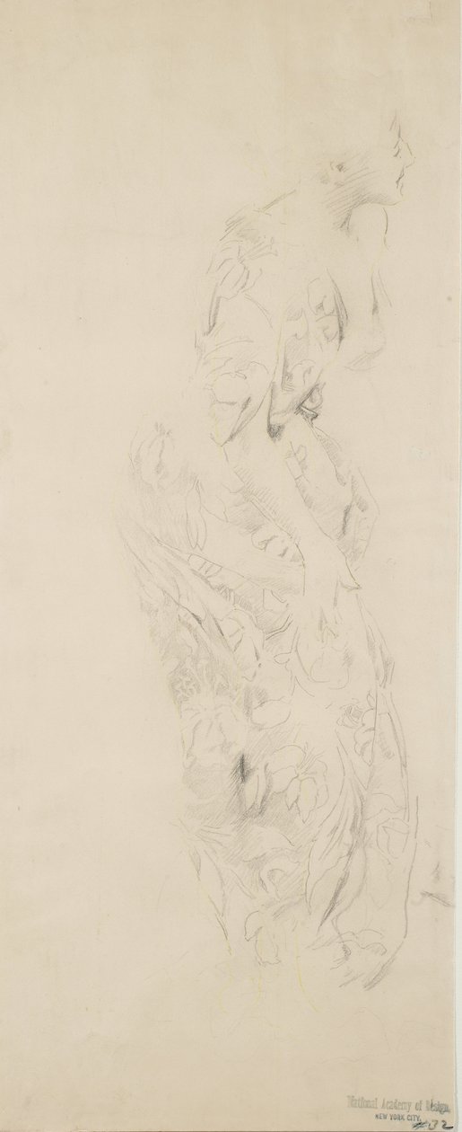 Esboço de mulher em vestido estampado de flores, possivelmente para Moods to Music mural, 1893-98 (grafite e lápis amarelo em papel de capa de chuva) de Robert Frederick Blum