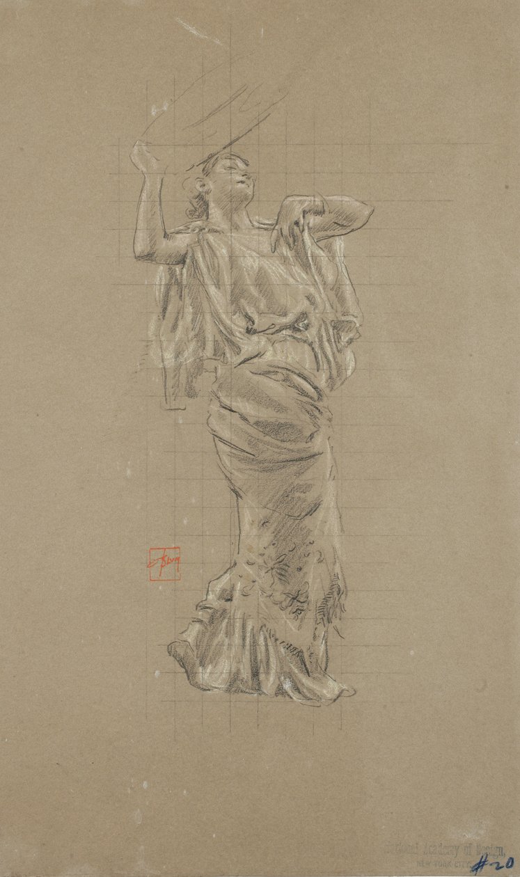 Estudo da figura feminina de Moods to Music mural (giz preto e branco sobre papel) de Robert Frederick Blum