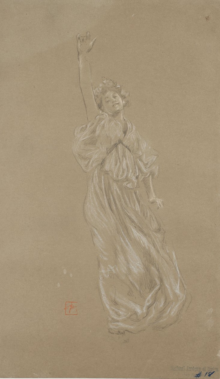 Estudo da figura feminina drapeada, por Moods to Music mural (giz preto e branco sobre papel) de Robert Frederick Blum