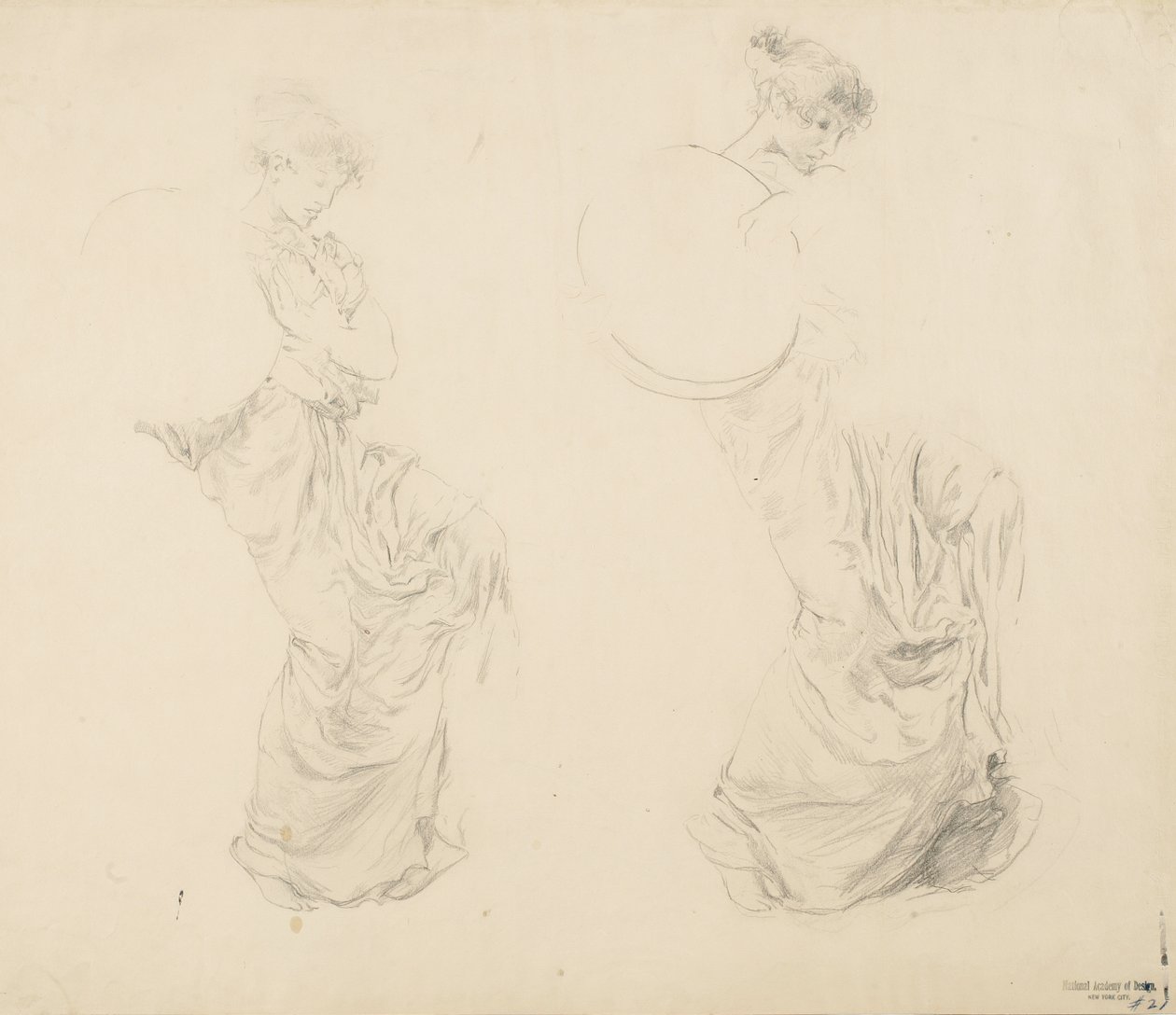 Estudo de duas figuras femininas de Moods to Music mural, 1893-95 (grafite com lápis vermelho sobre papel de capa de chuva) de Robert Frederick Blum