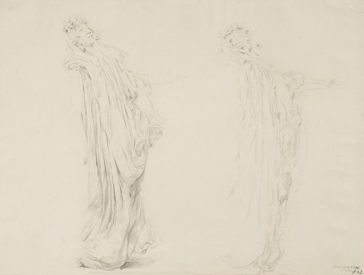 Estudo de duas figuras femininas de Moods to Music mural, 1893-95 (grafite com lápis amarelo sobre papel de creme) de Robert Frederick Blum