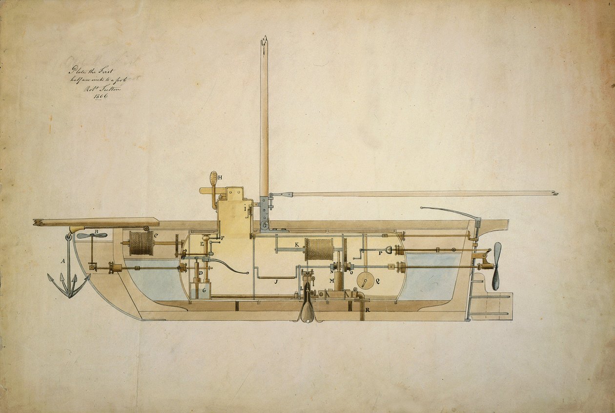 Desenho original do Nautilus, o primeiro barco submarino, apresentado pelo seu inventor Robert Fulton (1765-1815) ao Senado Americano em 1806. de Robert Fulton