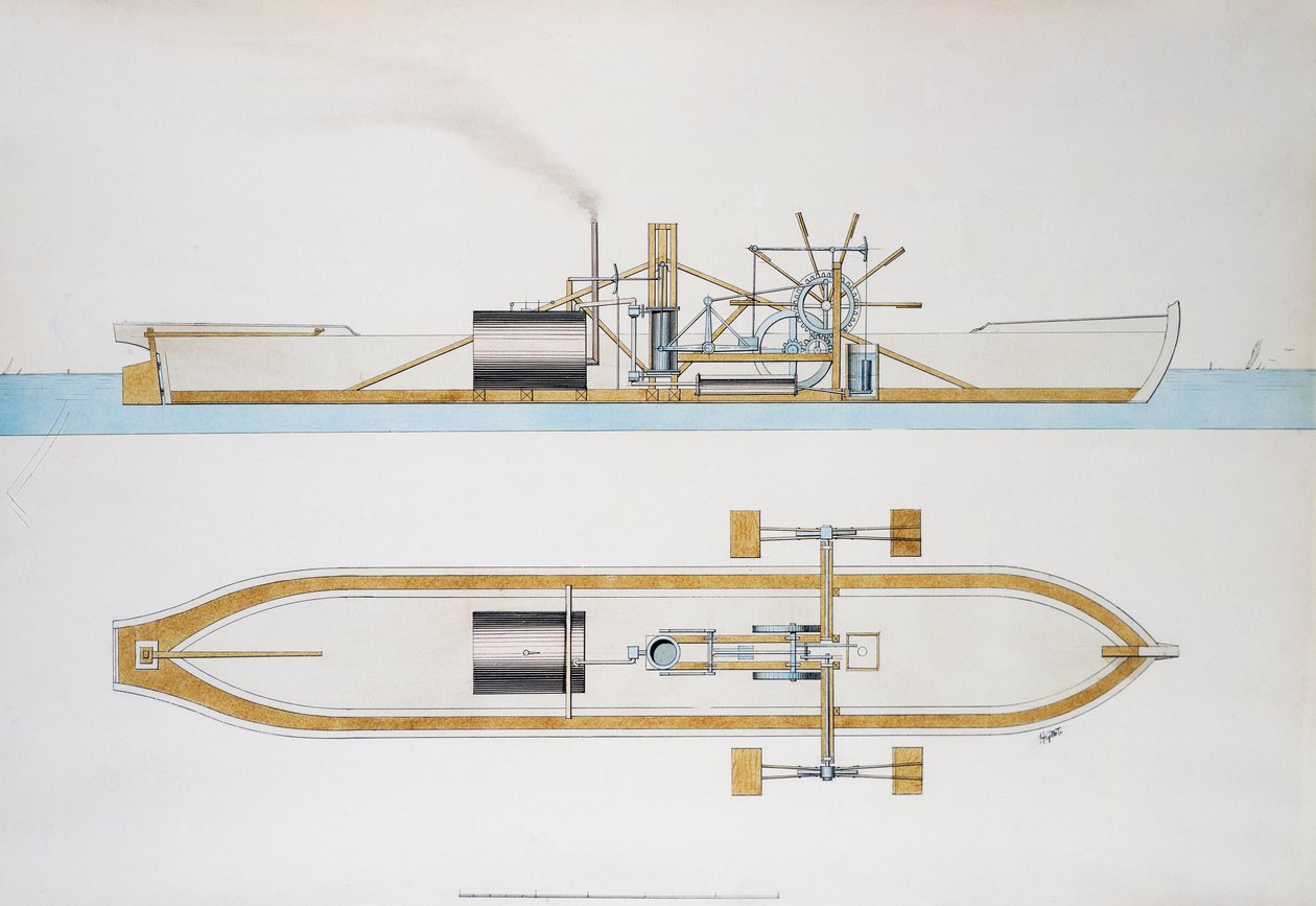 Barco a vapor desenhado por Robert Fulton, aguarela, Estados Unidos de Robert Fulton