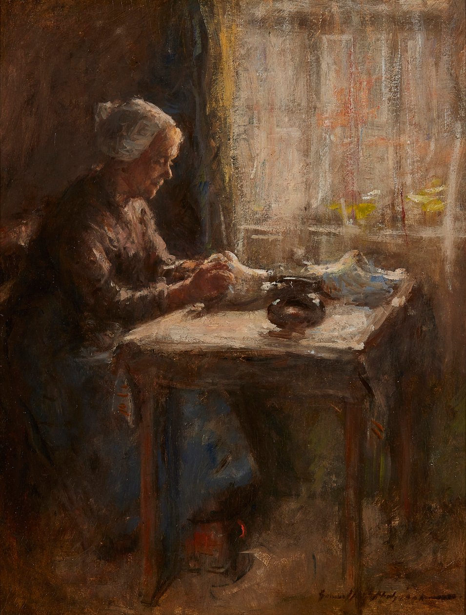 Pela janela (óleo a bordo) de Robert Gemmell Hutchison