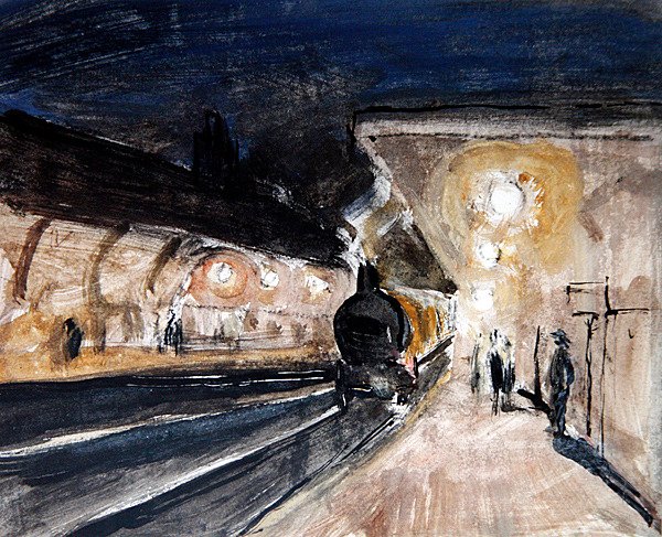 Brentwood Station, c.1920 (lápis, tinta, aguarela e corpinho sobre papel) de Robert Graham Dryden Alexander