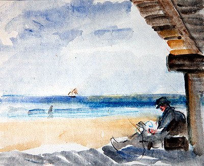 Leitura na Praia (aguarela e carvão vegetal sobre papel) de Robert Graham Dryden Alexander