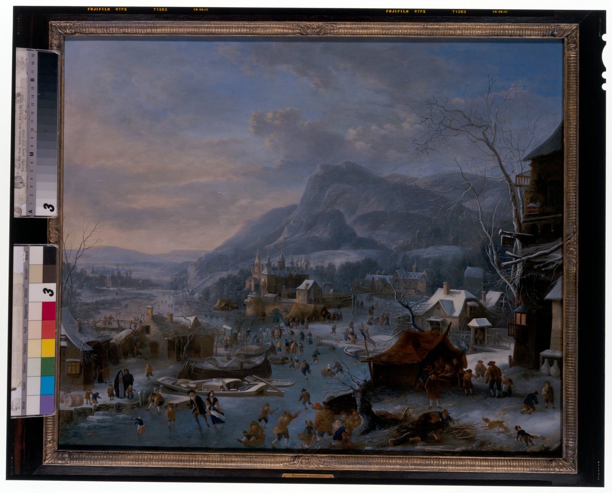 inverno: Uma paisagem de inverno gelada com camponeses de Robert Griffier
