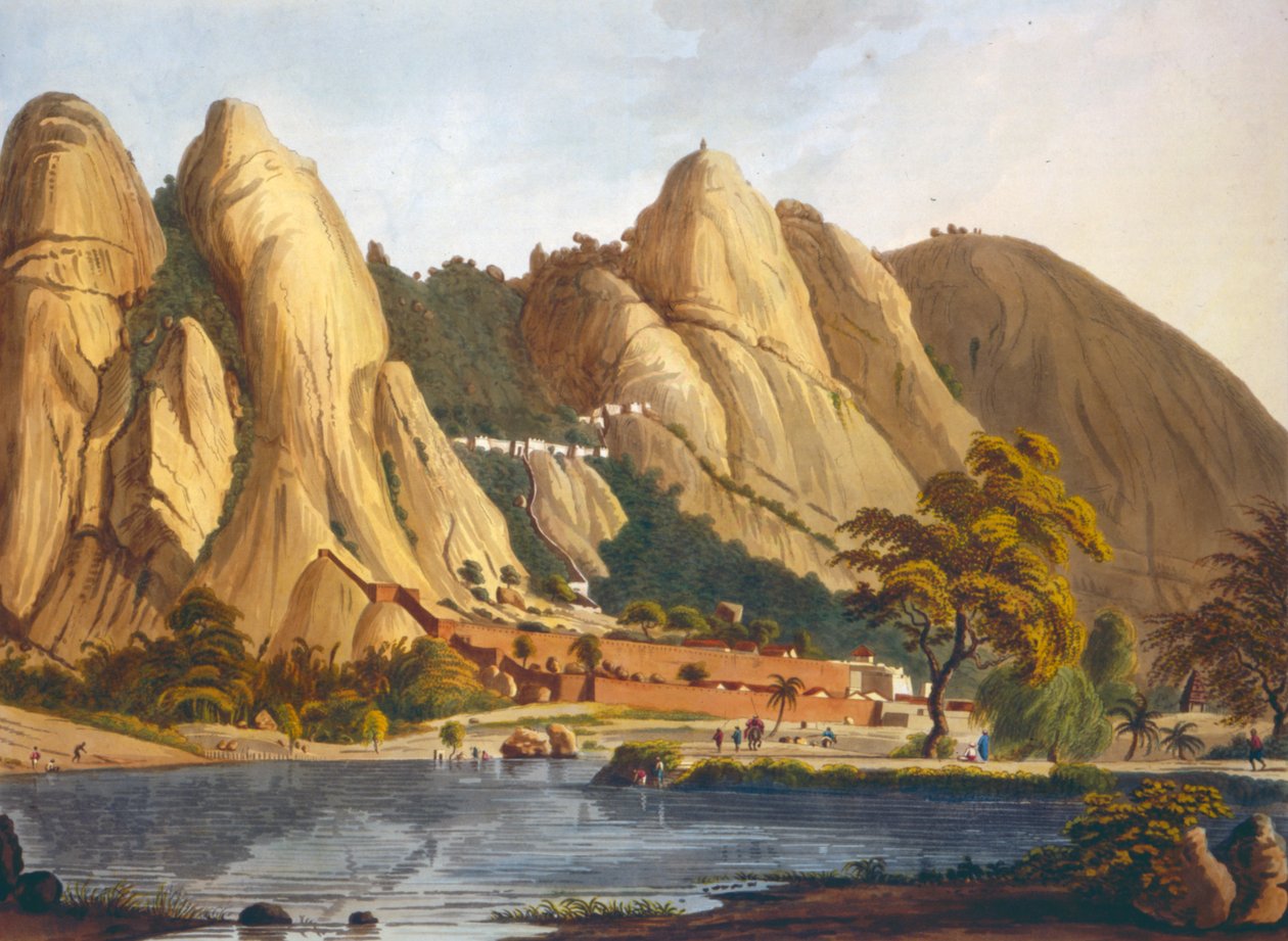 Vista sul de Sewandroog, ilustração de doze vistas de Mysore, o país de Tippoo Sultan gravado e colorido por JW Edy, publicado em 1804 (aquatint colorido) de Robert H. Colebrooke