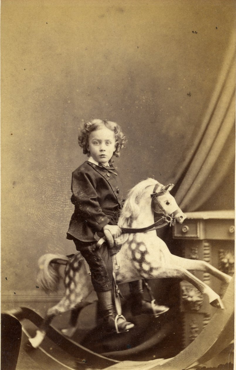 Menino jovem, sentando, ligado, um, cavalo balanço, 1860s, (albumen, impressão) de Robert H. Preston