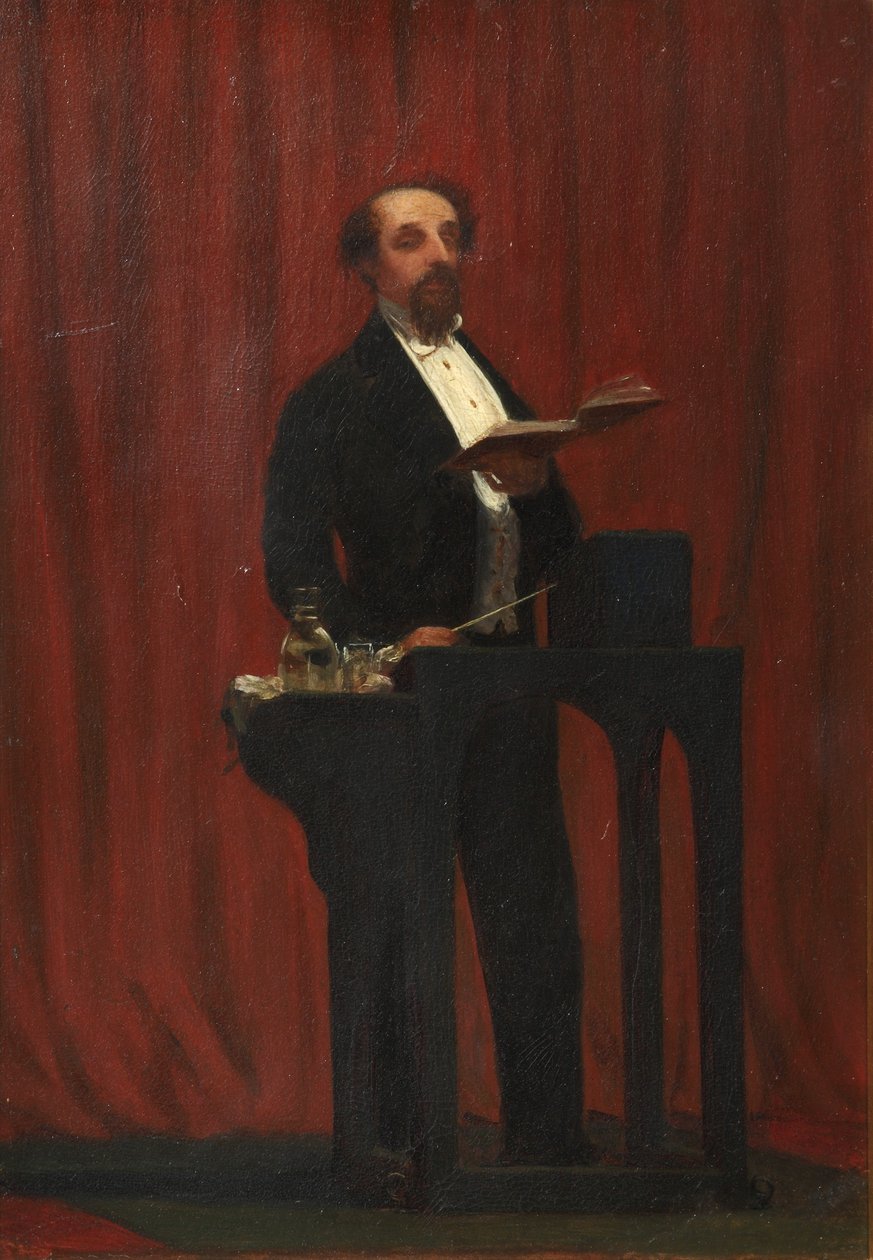 Charles Dickens dando uma leitura pública, 1858 (óleo sobre marfim) de Robert Hannah