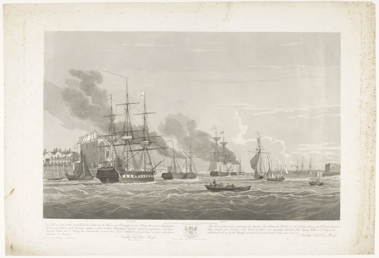 Partida de doze navios mercantes holandeses do porto de Portsmouth, 1833 (slide 2)
Este conjunto de três placas representando a saída do porto de Portsmouth em 2.d Juny 1833 de 12 Navios mercantes holandeses fora de Embargo ontsl de Robert Havell (II)