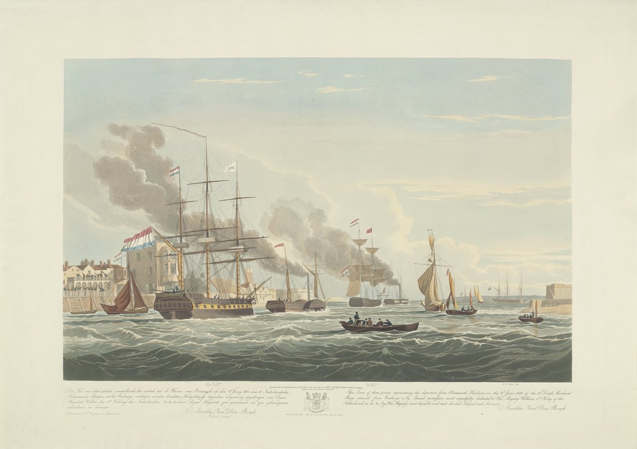 Partida de doze navios mercantes holandeses do porto de Portsmouth, 1833 (ilustração 2) Este conjunto de três placas representando a partida do porto de Portsmouth em 2 de junho de 1833 de 12 navios Nederlandsche Koopvaardy de embargo descarregados de Robert Havell (II)
