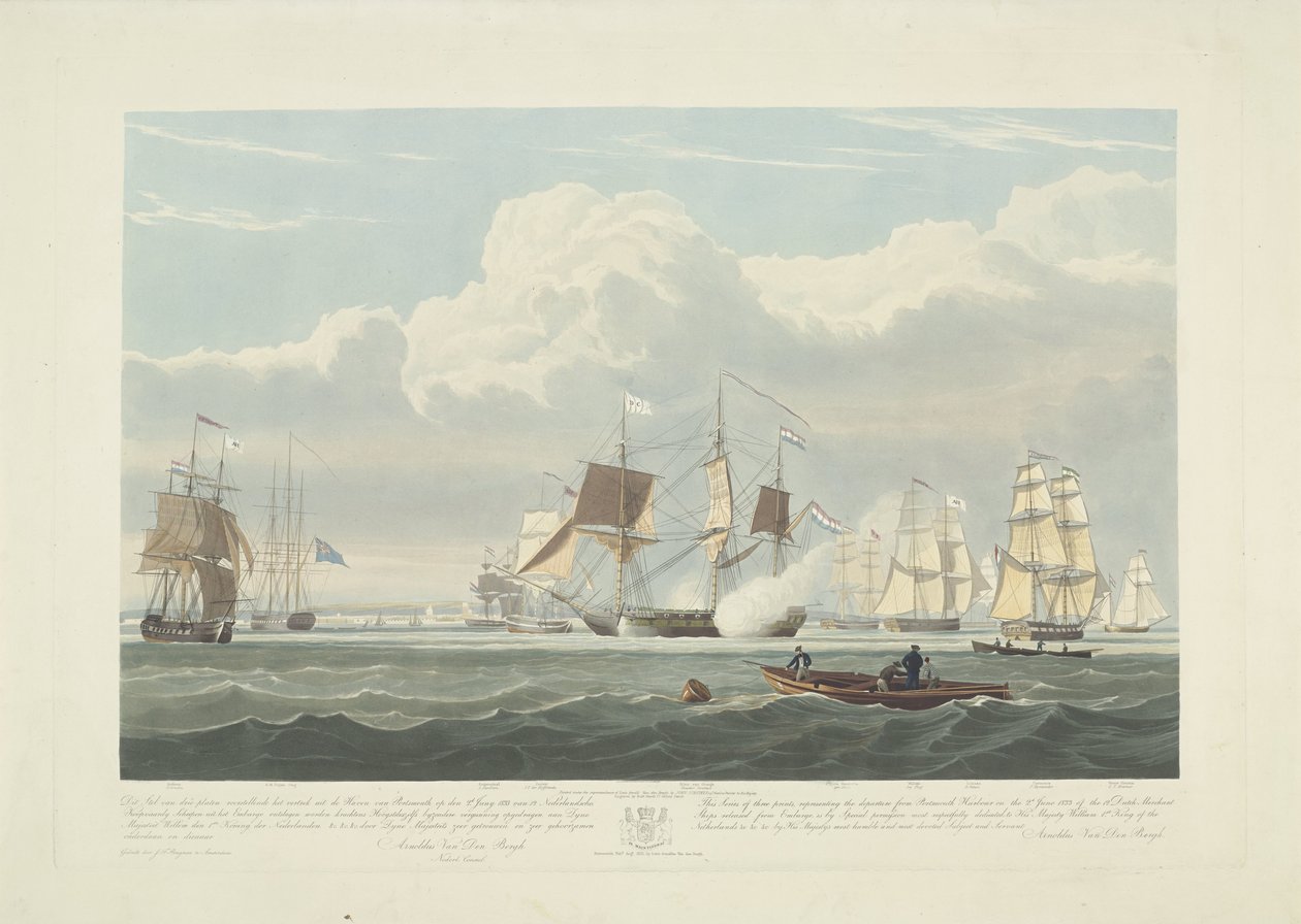 Partida de doze navios mercantes holandeses do porto de Portsmouth, 1833 (ilustração 3) Este conjunto de três placas representando a partida do porto de Portsmouth em 2 de junho de 1833 de 12 navios Nederlandsche Koopvaardy de embargo descarregados de Robert Havell (II)