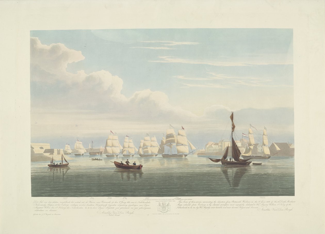 Partida de doze navios mercantes holandeses do porto de Portsmouth, 1833 (ilustração 1) Este conjunto de três placas representando a partida do porto de Portsmouth em 2 de junho de 1833 de 12 navios Nederlandsche Koopvaardy de embargo descarregados de Robert Havell (II)